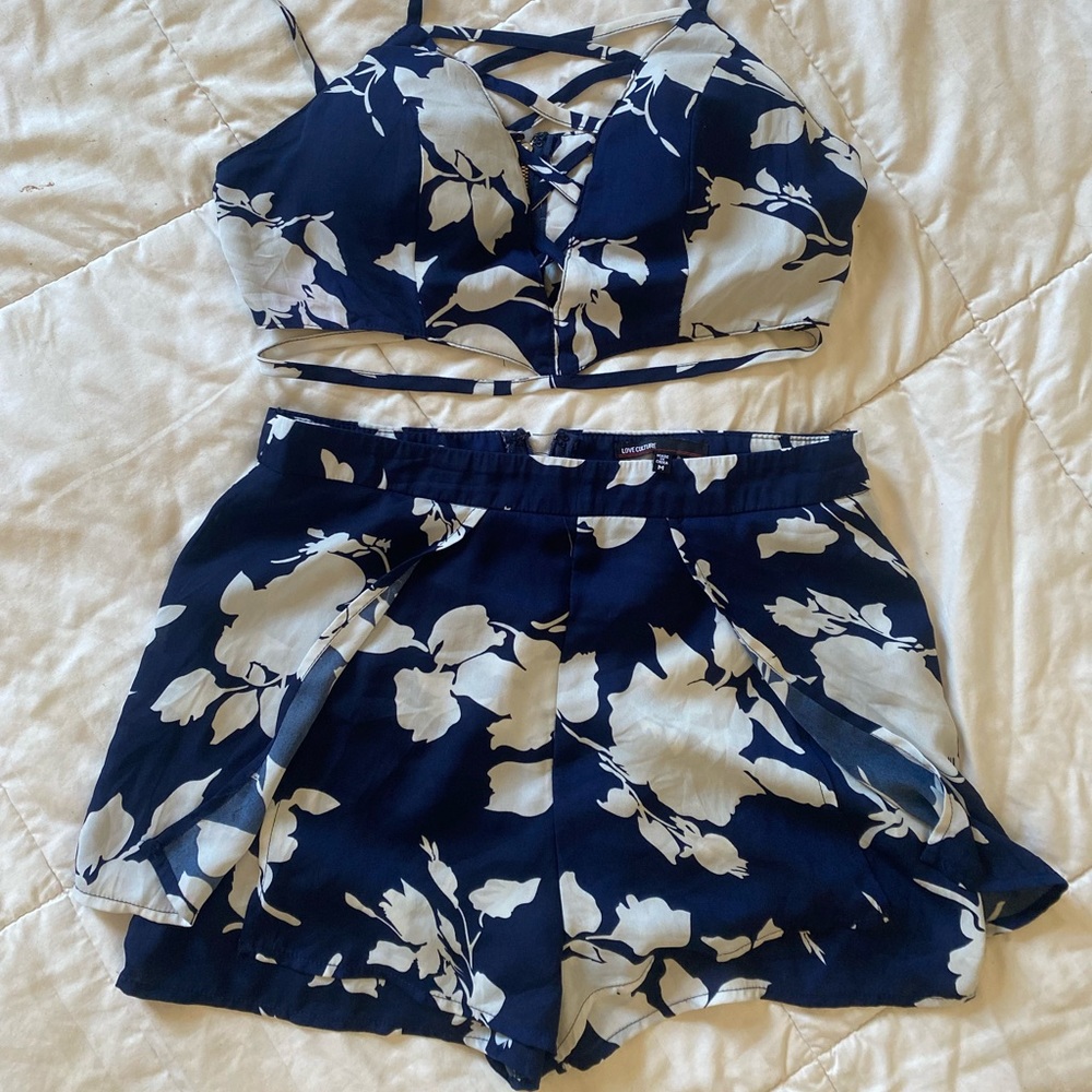 Blue and white flowery top and bottom